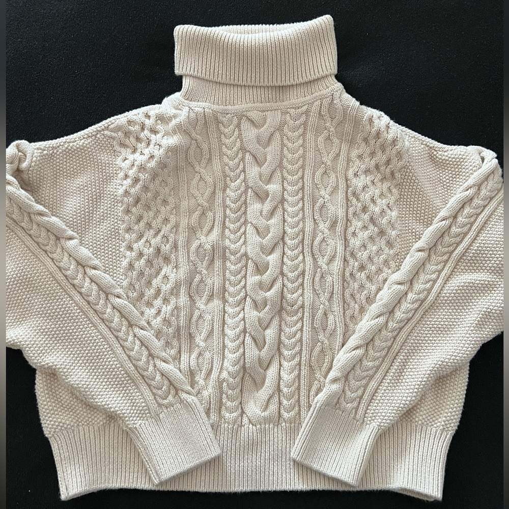 Turtleneck cable knit sweater. M petite, cropped length.